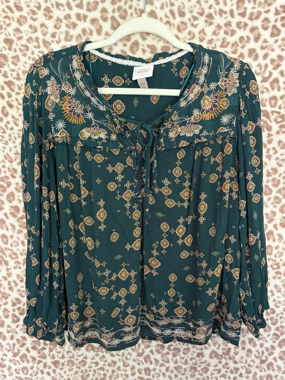 Knox Rose Dark Teal Boho Tie Neck Blouse Long Sleeve XXL